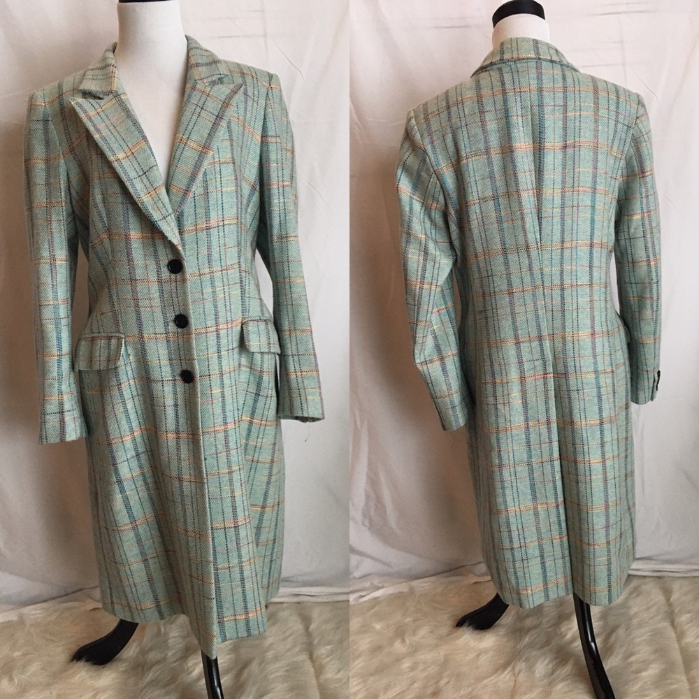 Jaeger wool blend plaid coat US12 blue aqua button